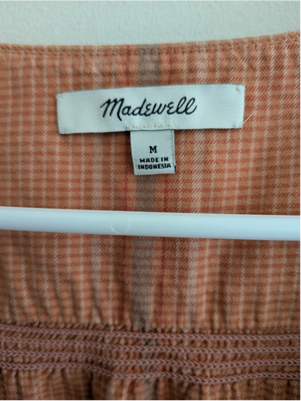 Madewell Morningview Shirt Peach Plaid Size M Tie Sleeve Cotton Blouse - Picture 5 of 7